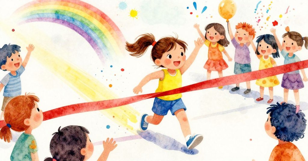 Mia joyfully crossing the finish line - vibrant celebration illustration