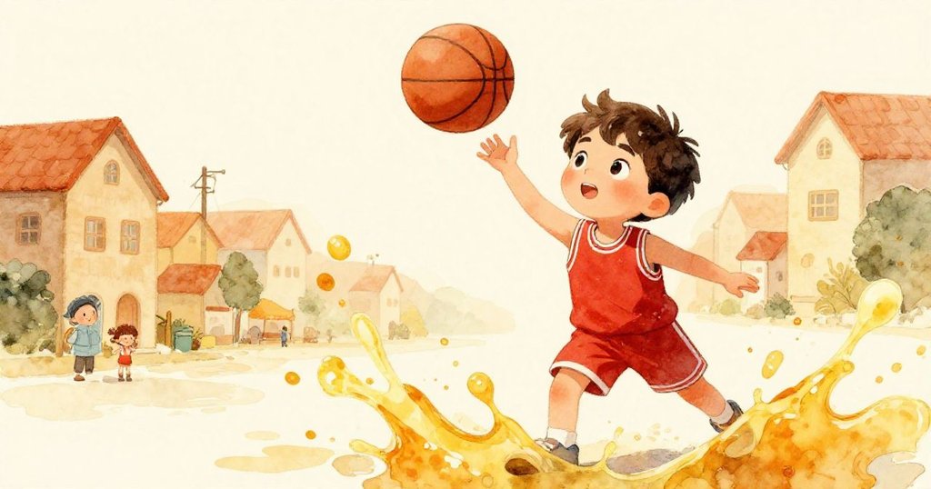 Young boy practicing basketball on a court in a small town