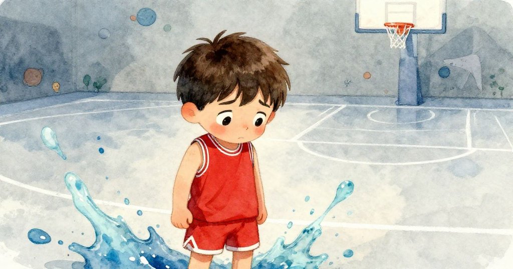 Young boy sitting on a basketball court looking discouraged