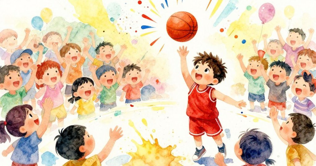 Young boy celebrating after scoring the winning basket in a championship game