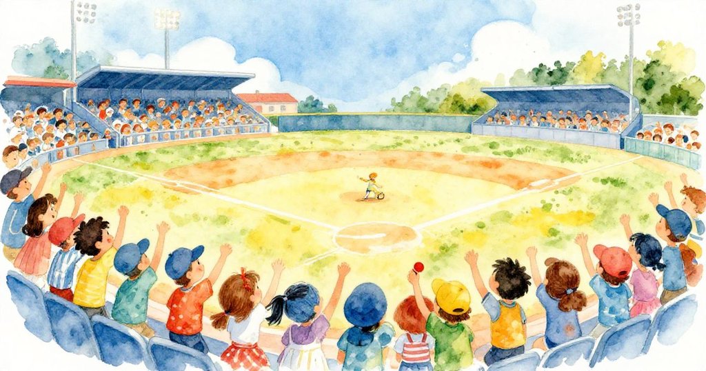 Cheering crowd at a sunny baseball game - whimsical watercolor illustration