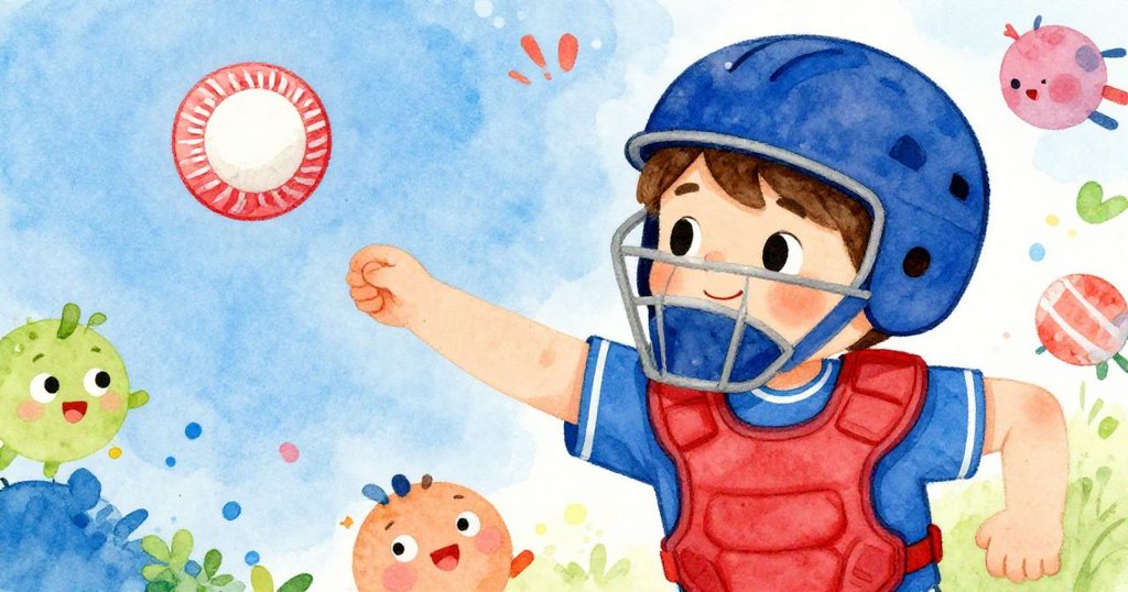 Tommy the catcher ready for a pitch - close-up whimsical illustration