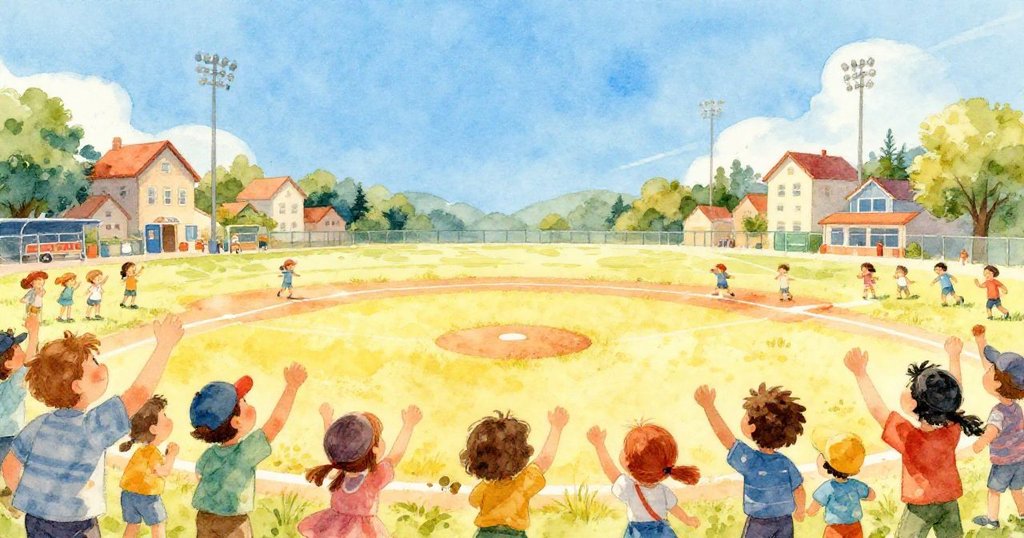 Cheering crowd at a sunny baseball championship - whimsical watercolor illustration