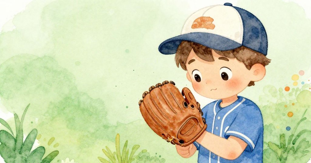 Jake nervously adjusting his glove at first base - close-up whimsical illustration