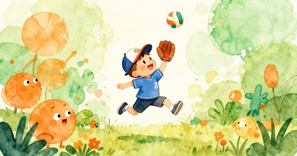 Jake catching the ball in mid-air as the crowd cheers - celebratory wide illustration