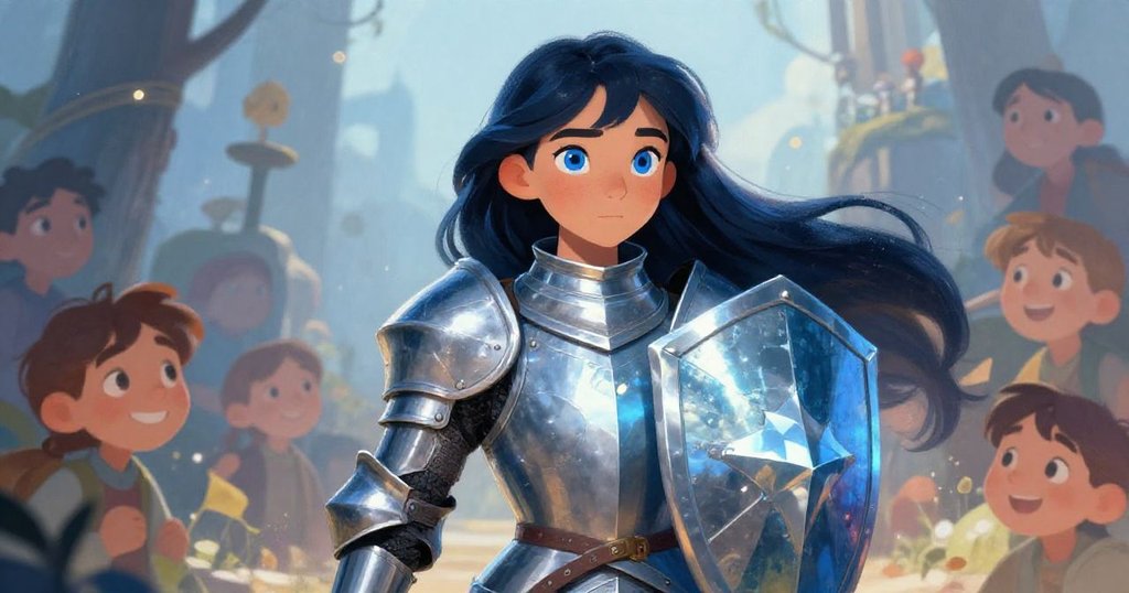 Knight Elara standing confidently at dungeon entrance - mid shot illustration