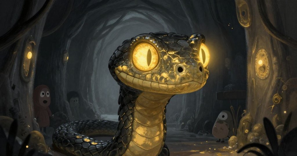 Close-up of basilisk's glowing eyes in dark corridor - eerie illustration