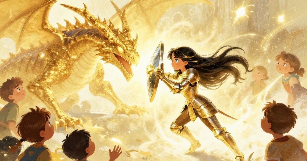 Knight Elara reflecting basilisk's gaze with shield - dynamic magical illustration