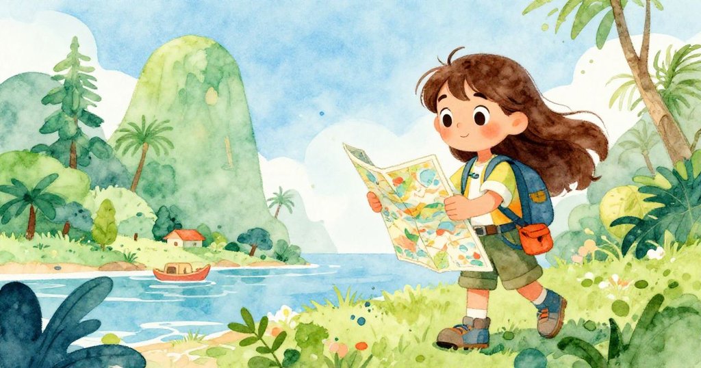 Mia excitedly holding a treasure map on a vibrant island