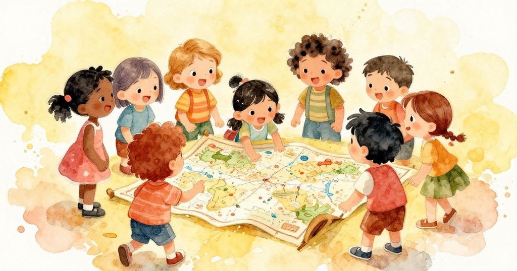 Friends excitedly discussing the treasure map under bright skies