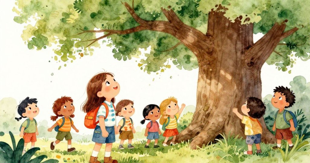 Mia and friends gazing up at a majestic tree in the forest