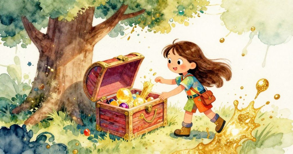 Mia opening a treasure chest filled with jewels under a big tree