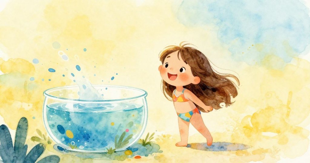 Mia standing by a sunny pond, joyful and dreamy illustration