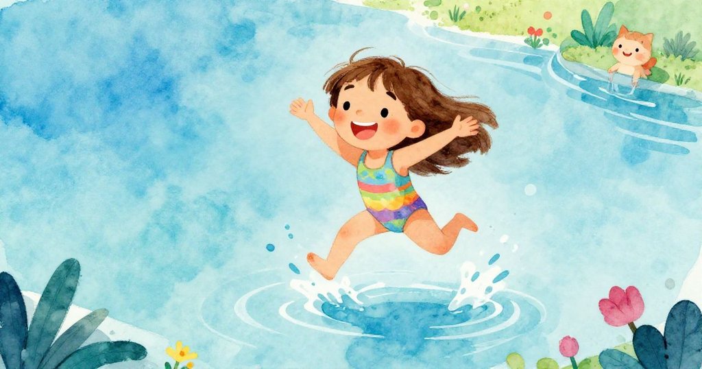 Mia joyfully jumping into the pond, whimsical illustration