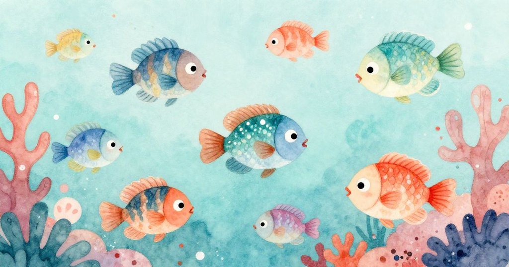 Colorful fish swimming in clear pond water, whimsical close-up illustration