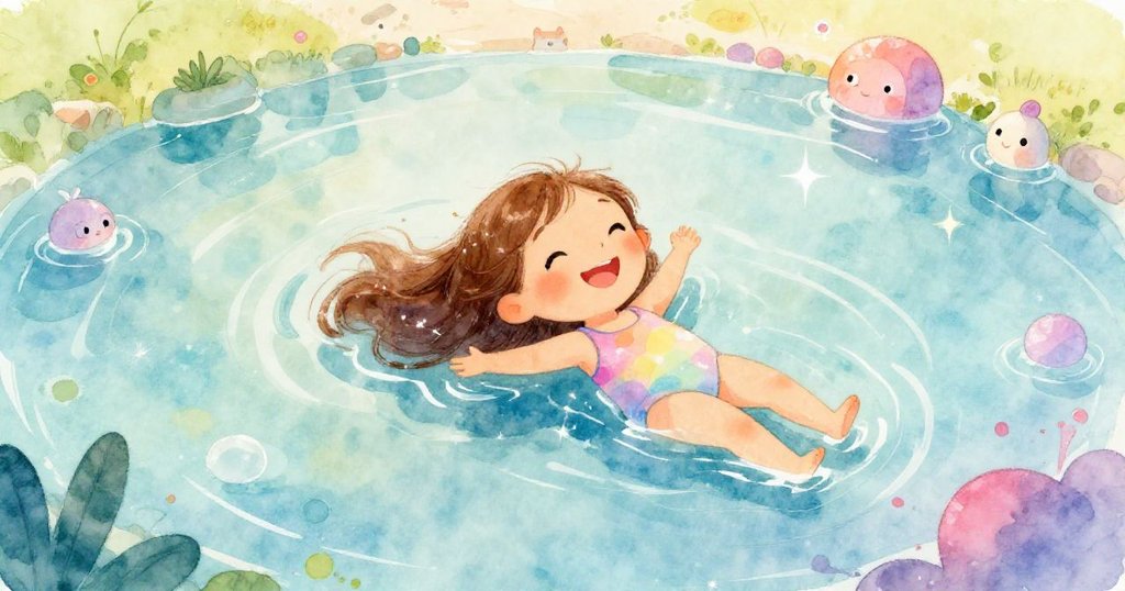 Mia floating joyfully in a sparkling pond, whimsical illustration