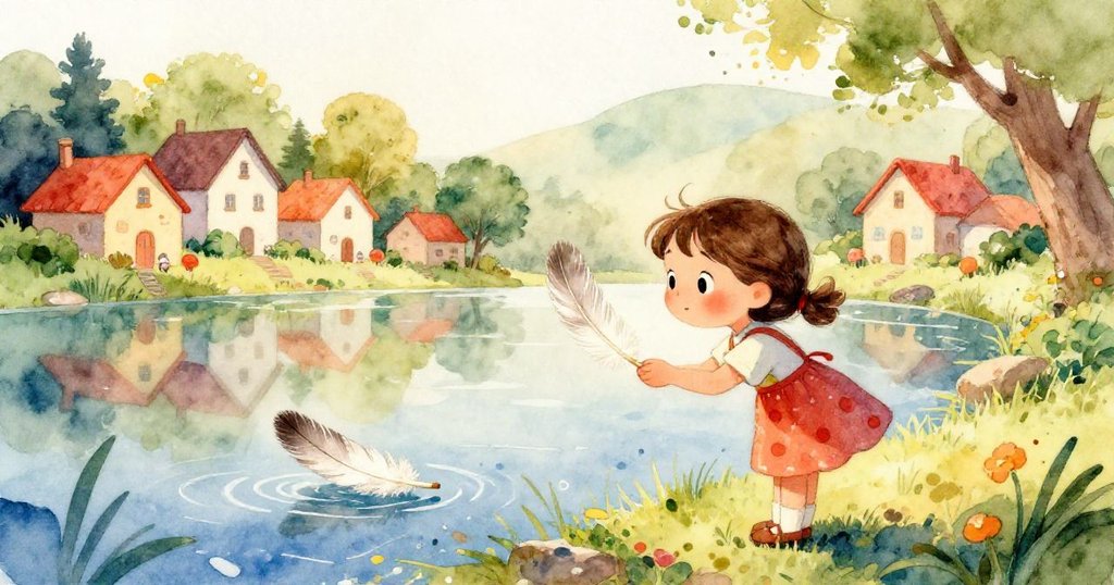 Delicate feather floating on tranquil lake in a quaint village