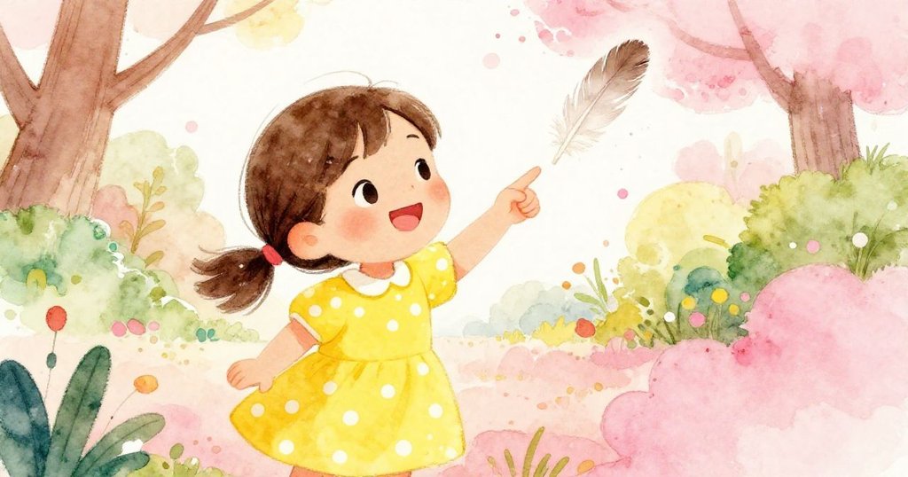 Mia joyfully pointing at a beautiful feather by the lake