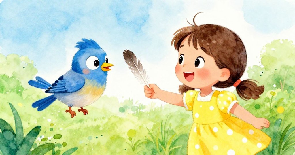 Mia joyfully giving the feather back to the happy bluebird