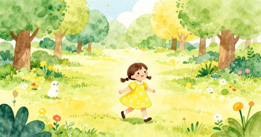 Mia joyfully walking in a colorful park on a sunny morning