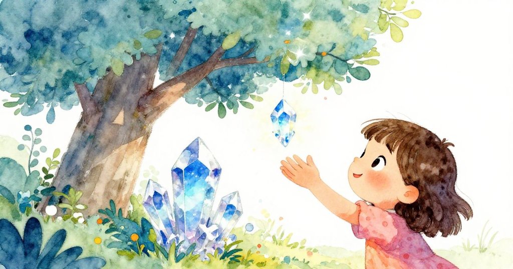 Mia discovering a sparkling crystal under a bush in the park