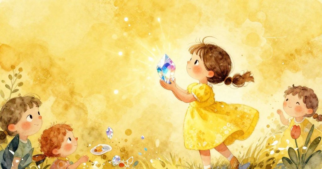 Mia joyfully holding a sparkling crystal as she leaves the park