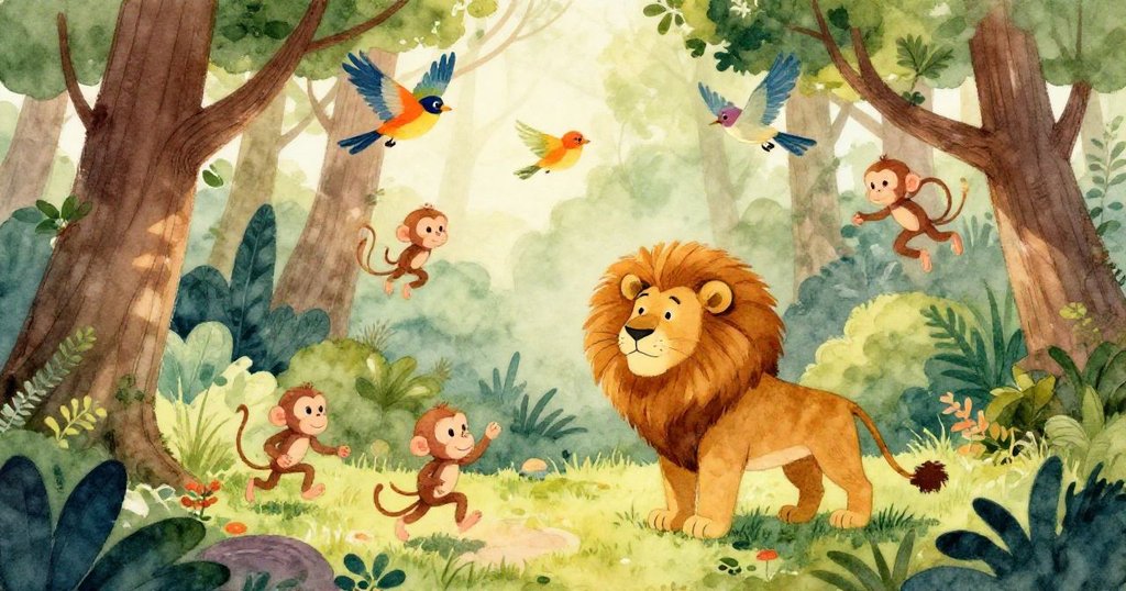 Vibrant wildlife in a lush forest with monkeys and birds