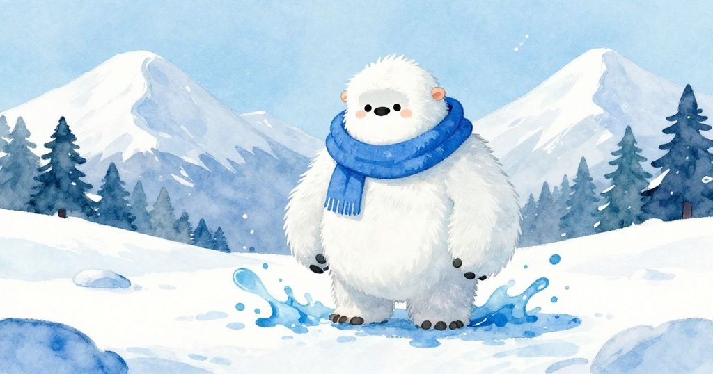 Yeti standing alone in snowy mountain landscape - watercolor illustration