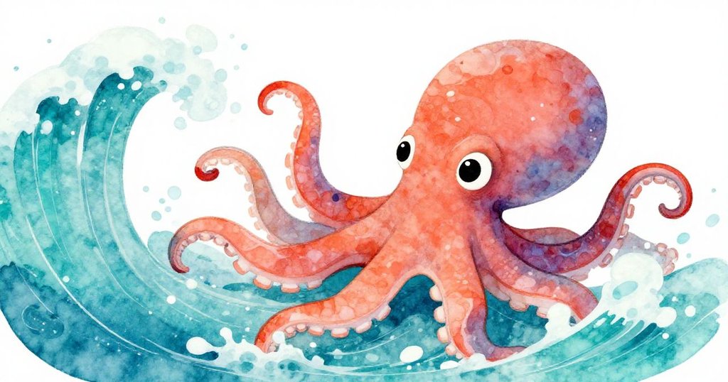 Colorful octopus playing in the waves at the beach - close-up watercolor