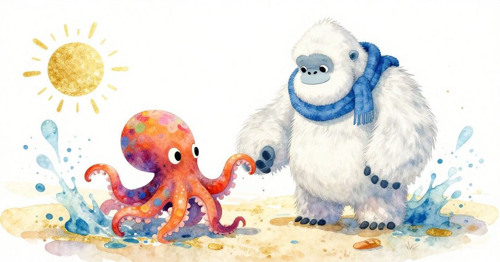 Yeti and octopus playing on the beach, building sandcastles - joyful watercolor illustration
