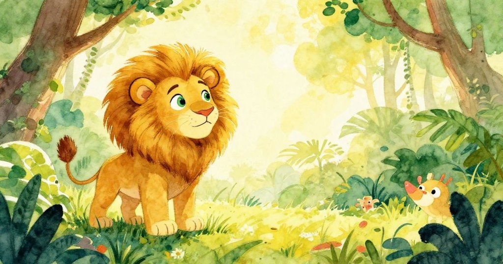 Young lion in lush jungle, dreaming of greatness - whimsical watercolor illustration