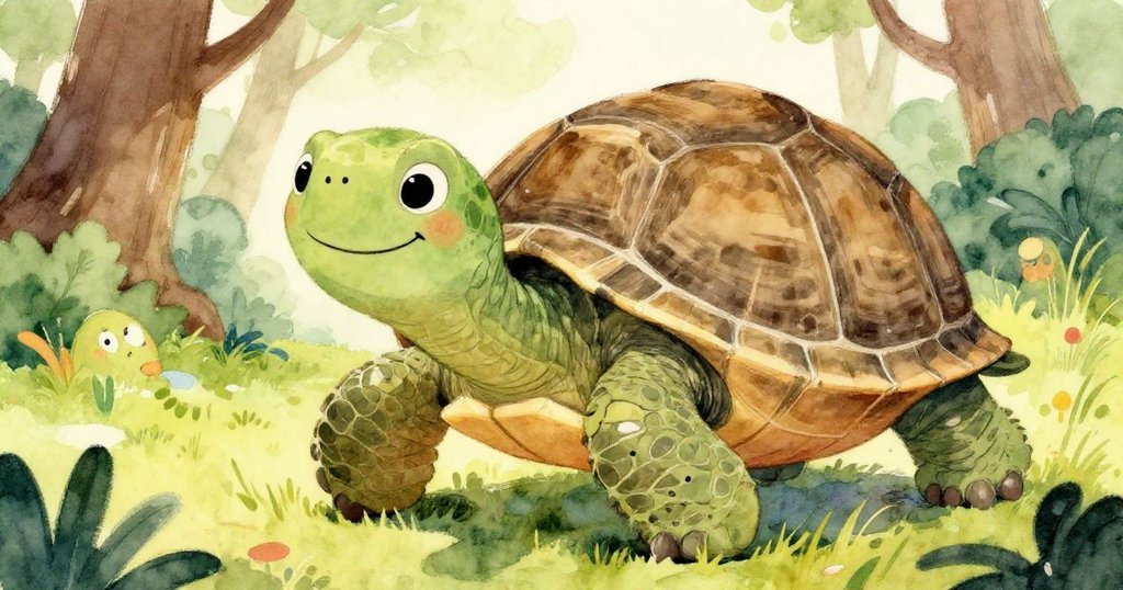 Wise old turtle smiling in sunlit forest - close-up illustration