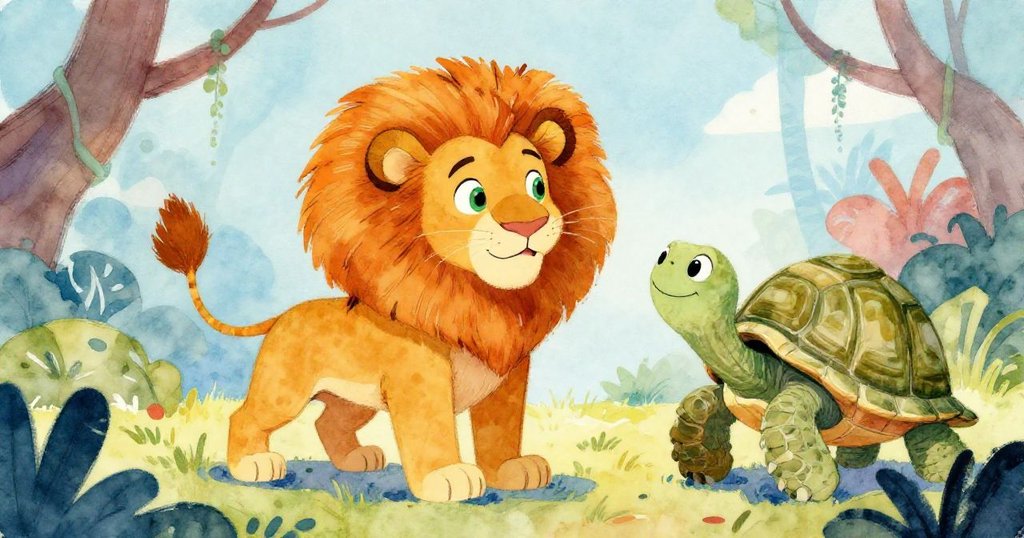 Lion and turtle sharing wisdom in vibrant jungle - mid shot illustration