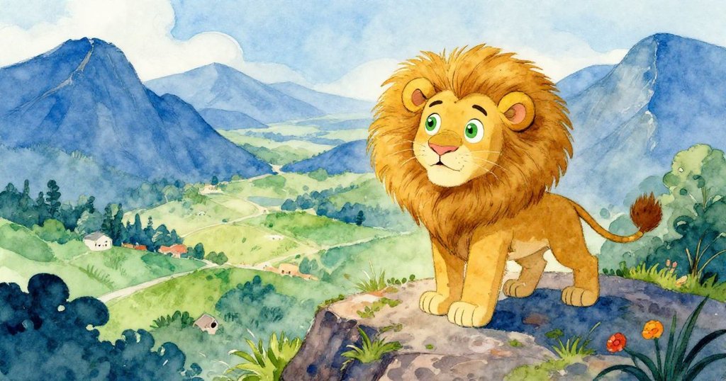 Lion celebrating at mountain top with stunning jungle view - wide adventurous illustration