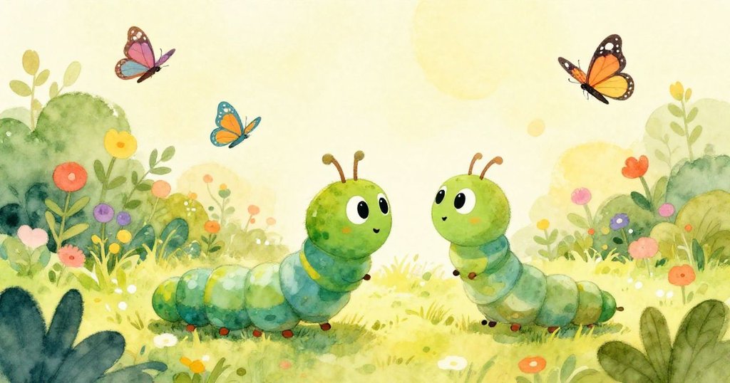 Caterpillar gazing at butterflies in a vibrant garden - whimsical watercolor illustration