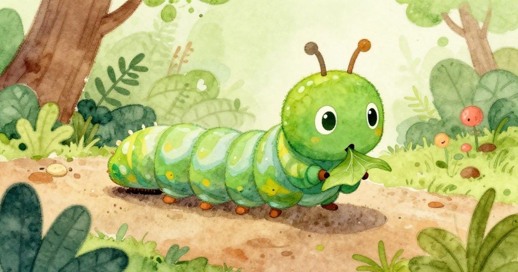 Caterpillar munching on a leaf in a vibrant garden - close-up illustration