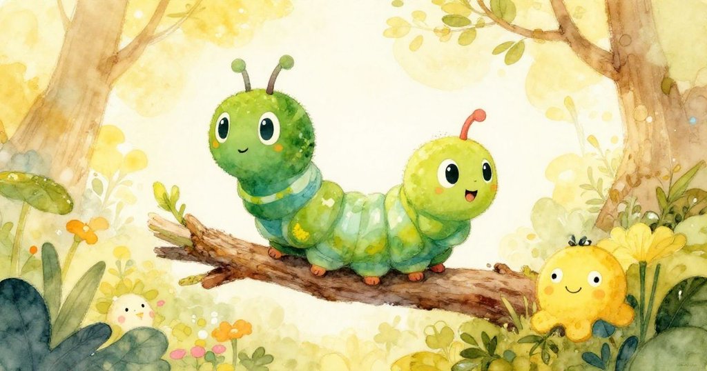 Caterpillar climbing branch to form a cocoon - mid shot illustration