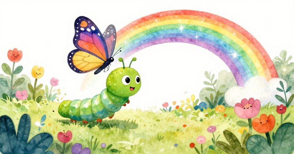 Butterfly soaring through a vibrant garden after emerging - wide joyful illustration