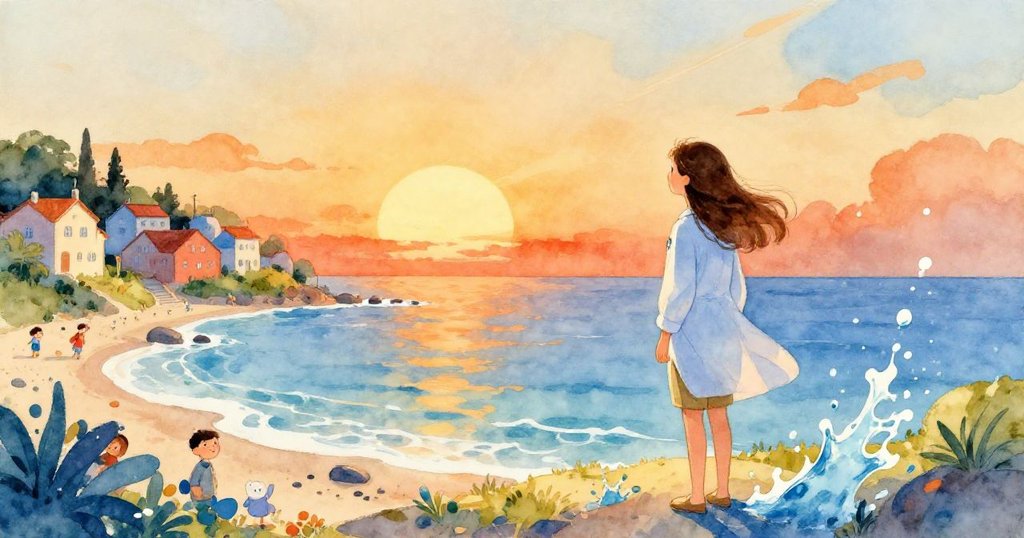 Lily gazing at the ocean in a coastal town during sunset