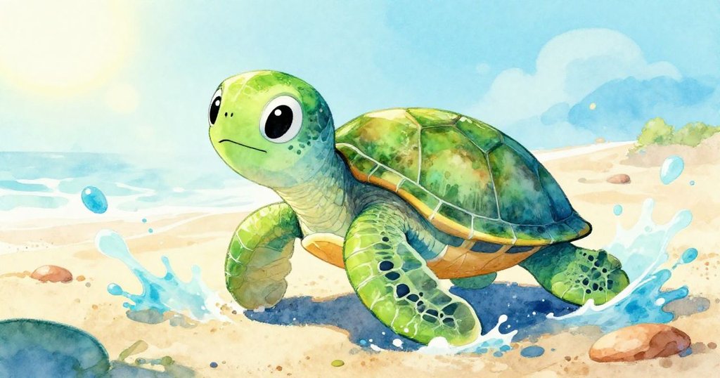 Close-up of a baby sea turtle struggling on the beach