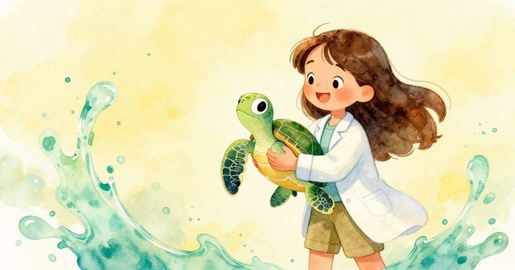 Lily cradling a baby sea turtle with a smile