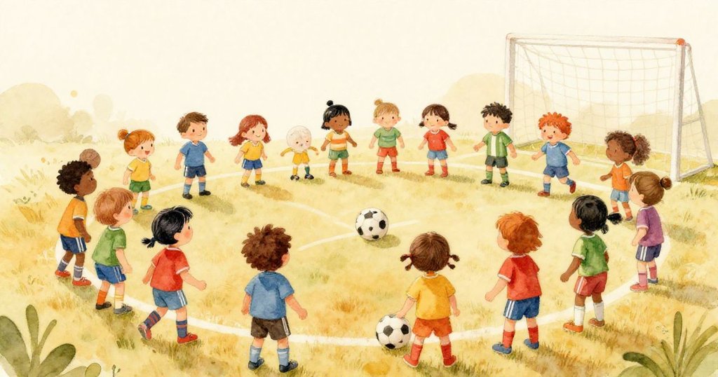 Children gathered for soccer practice on a sunny day - whimsical watercolor illustration
