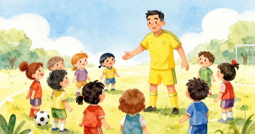 Coach Mr. Lin inspiring children during soccer practice - vibrant mid shot illustration
