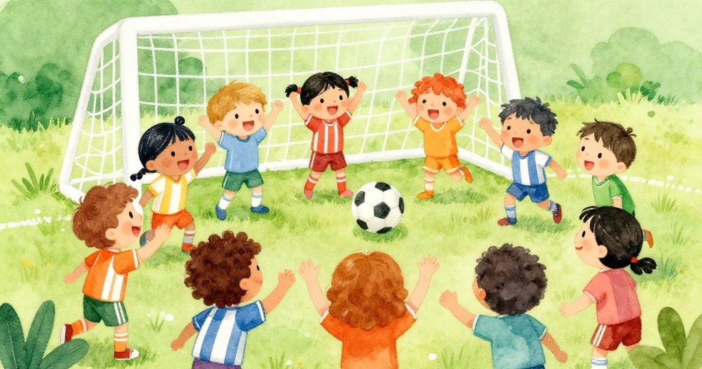 Children celebrating after scoring a goal during soccer practice - vibrant close-up illustration