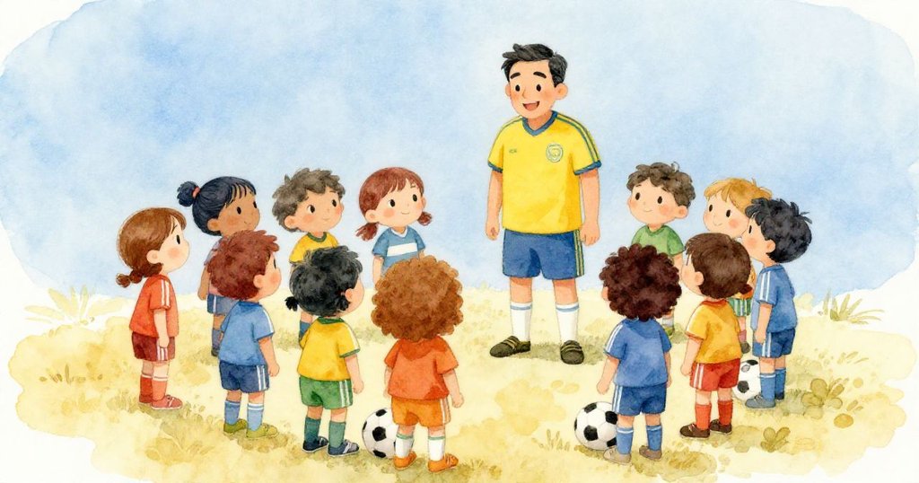 Children and Coach Mr. Lin reflecting on teamwork after soccer practice - warm wide illustration