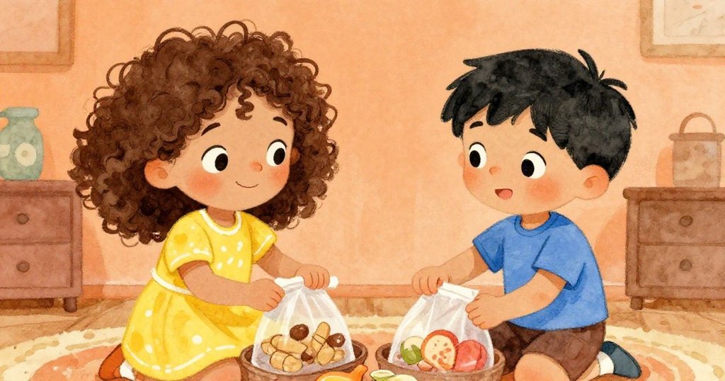 Mia and Leo packing snacks for their adventure - cozy kitchen scene.