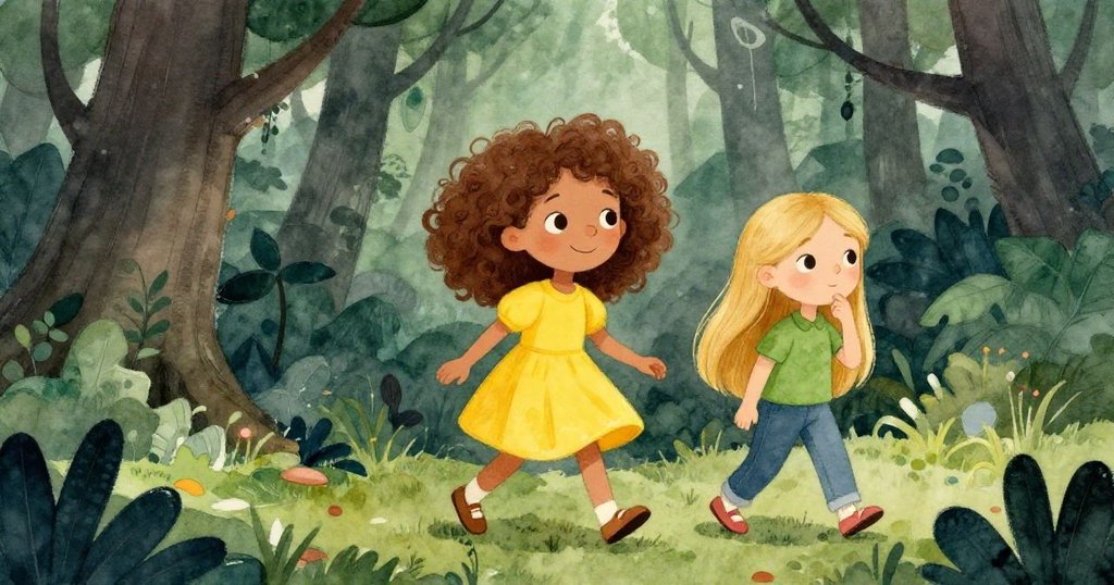Mia and Sara exploring a mysterious forest filled with whispers.
