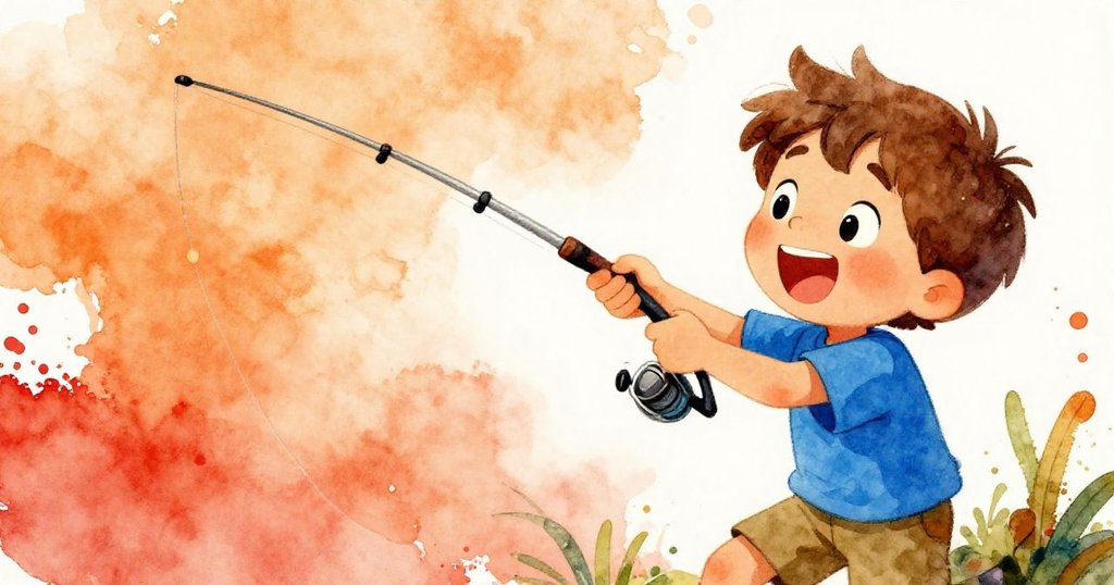 Close-up of Tom's excited face as he reels in his fishing line