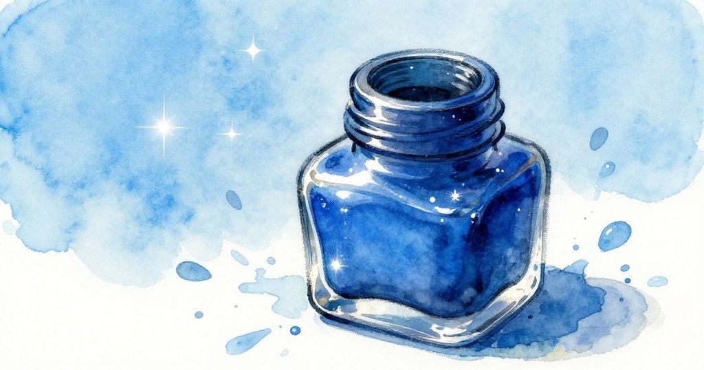 Close-up of a shiny blue inkwell with sparkles - whimsical watercolor illustration