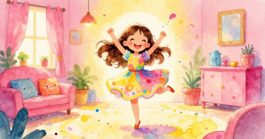 Lily dancing joyfully in her colorful room - mid shot watercolor illustration